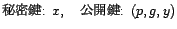 秘密鍵: x, 公開鍵: (p,g,y)