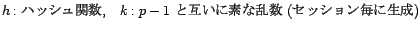 h: ハッシュ関数, k: p-1 と互いに素な乱数 (セッション毎に生成)