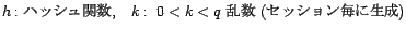 h: ハッシュ関数, 0 < k < q: 乱数 (セッション毎に生成)