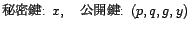 秘密鍵: x, 公開鍵: (p,q,g,y)